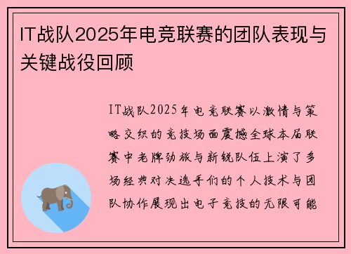 IT战队2025年电竞联赛的团队表现与关键战役回顾
