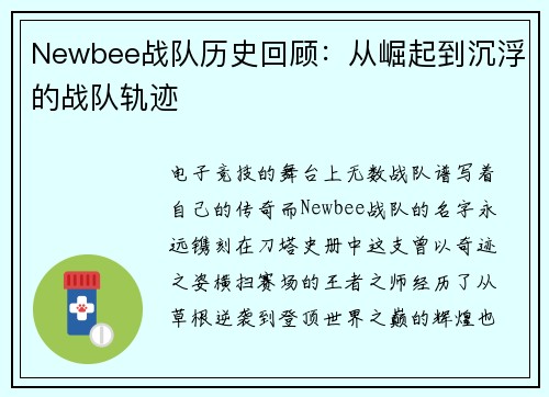 Newbee战队历史回顾：从崛起到沉浮的战队轨迹